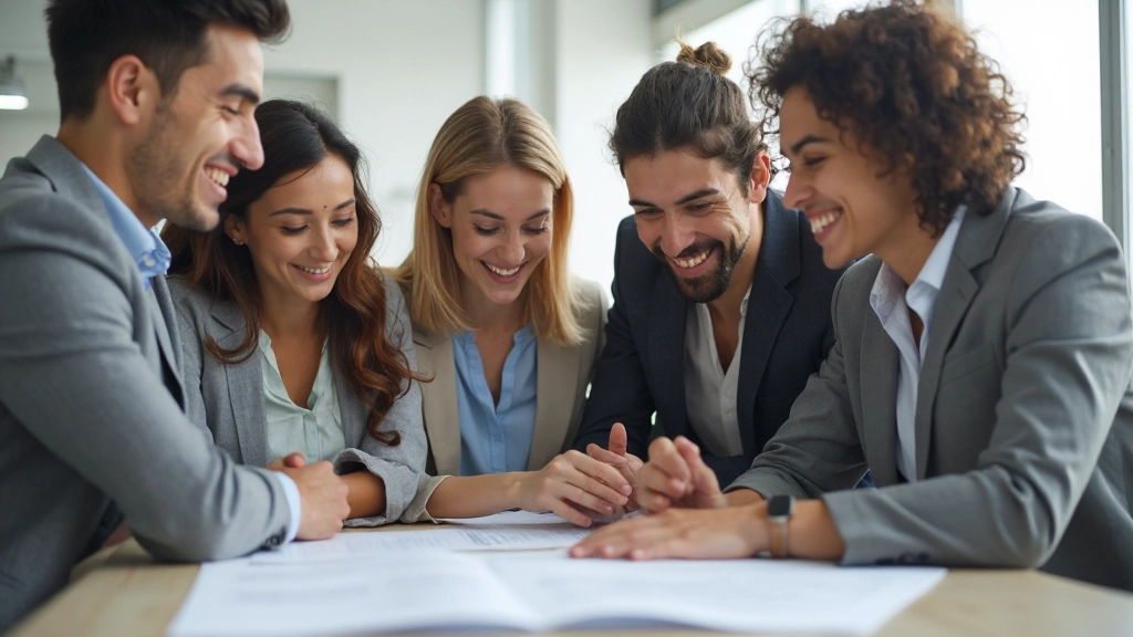 Группа сотрудников, позитивно взаимодействующих и работающих вместе в современном офисе